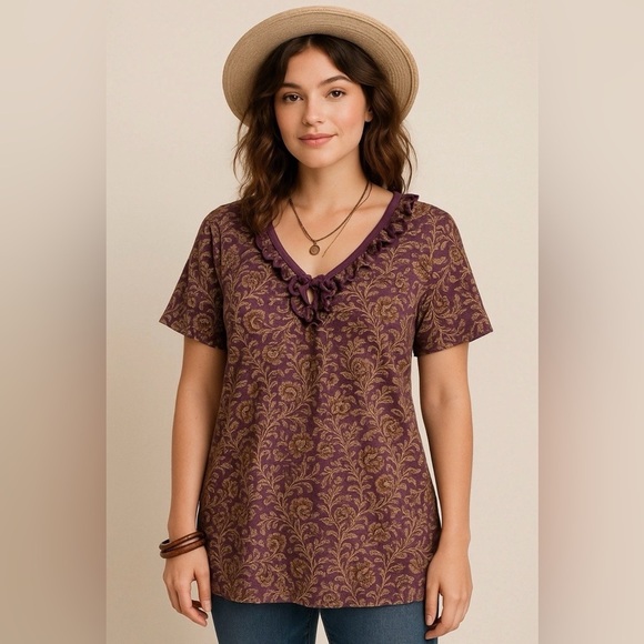 Lauren Ralph Lauren Tops - Ralph LAUREN JEANS CO Top Women L  Purple Paisley Rufffle Tie Neck Short Sleeve